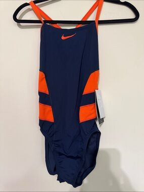 Nike Navy and Orange Athletic One-Piece Swimsuit